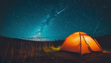 Stargazing Sanctuary: A tranquil camping scene unfolds under a vast night sky, the Milky Way and shooting stars painting a celestial canvas. A tent glows warmly.