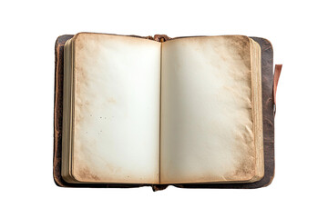 Aged leather bound book open to blank pages isolated on transparent PNG