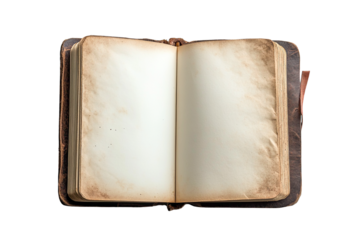Aged leather bound book open to blank pages isolated on transparent PNG