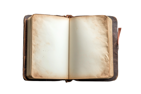 Aged leather bound book open to blank pages isolated on transparent PNG