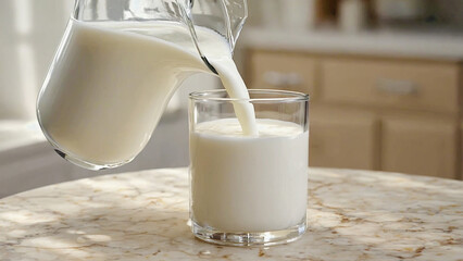 Milk Pours Into A Glass: A refreshing scene shows fresh milk pouring from a jug into a clear glass, symbolizing purity and nourishment, creating a sense of freshness and natural goodness.