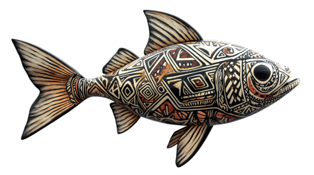 Ornate fish sculpture, detailed ethnic pattern, handcrafted artwork, decorative fish.
