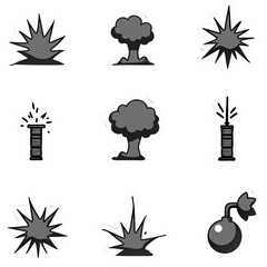 Fototapeta premium Stylized explosions and bomb icons against a black background in a graphic design