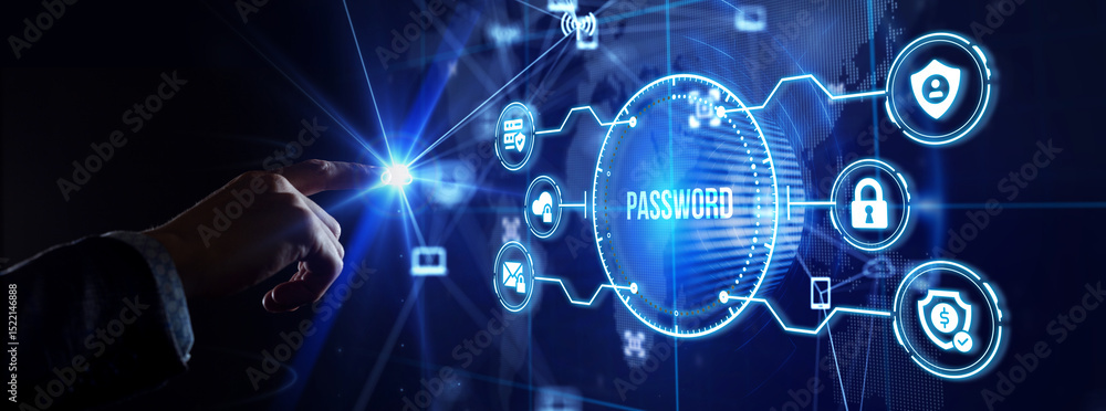 Poster password to access personal user data, cybersecurity concept.
