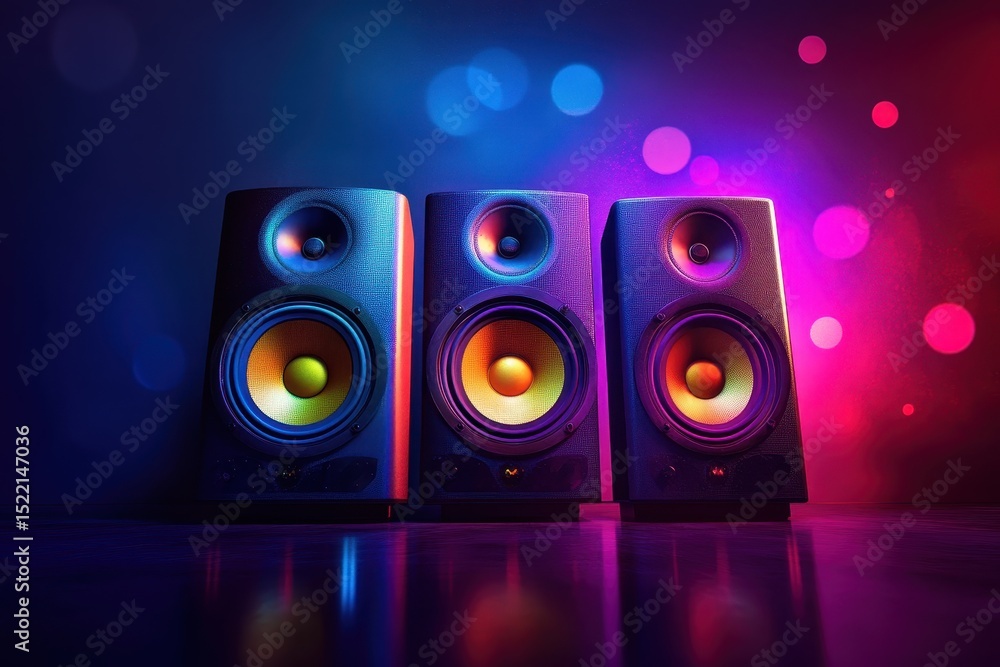 Poster colorful speakers with vibrant lights creating a dynamic atmosphere in a modern setting, three color