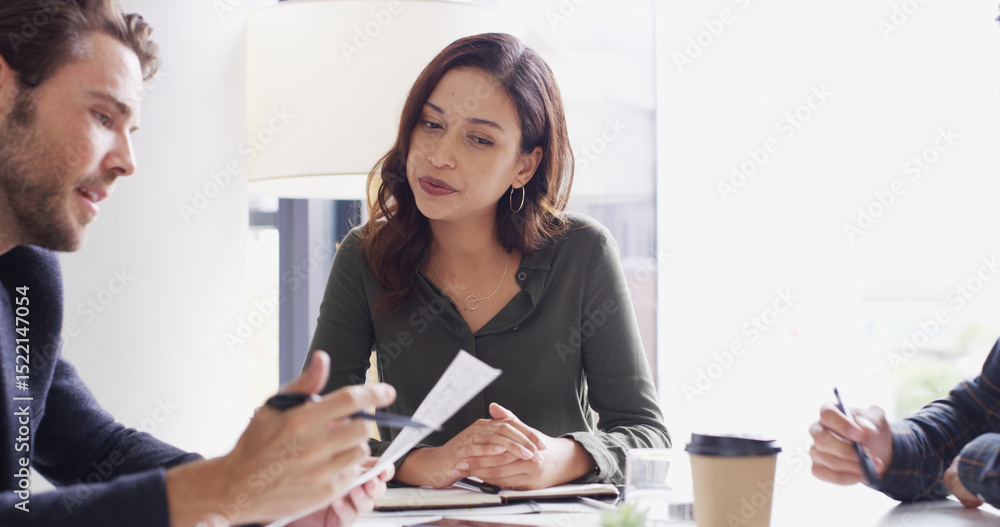 Poster collaboration, documents and meeting with business people in office together for discussion or plann