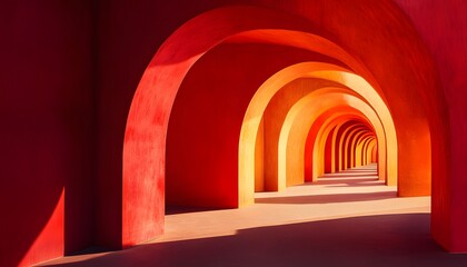 Fototapeta premium Red and orange arched passageway leading into the distance.