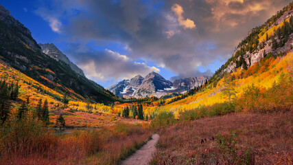 Panoramic view of scenic Maroon bells state park in autumn time in Colorado.