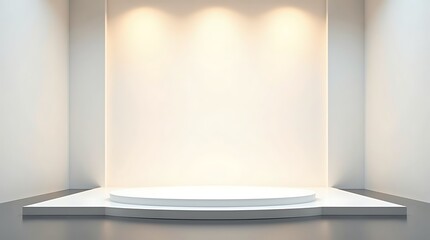 A modern, empty stage with a spotless white background, soft gradients created by subtle LED uplighting, a smooth stage floor blend, and a tidy mock-up area for text or product placement.