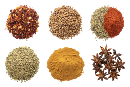Various spices and herbs for cooking culinary food photography top view spice mix ingredients one hundred