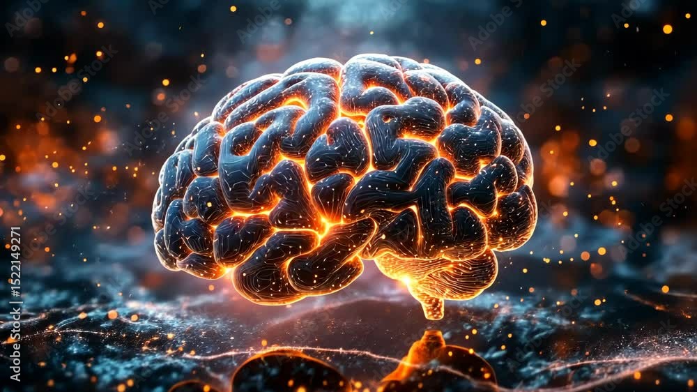 Poster digital visualization of a brain with glowing neural connections and sparks