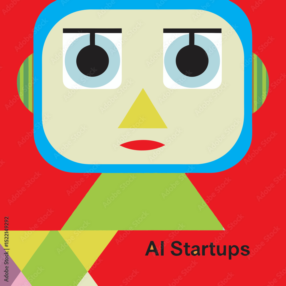 Poster geometric robot with red background and ai startups text