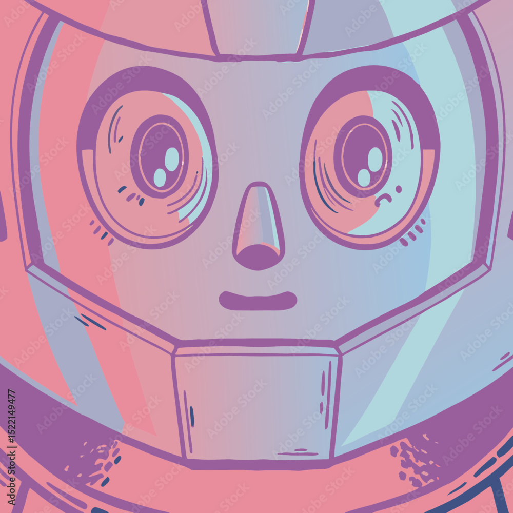 Poster close up of a robot face with large eyes and soft colors