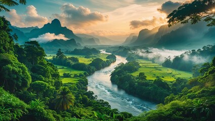 Dramatic landscape of a river winding through a lush green valley under a sunny sky.