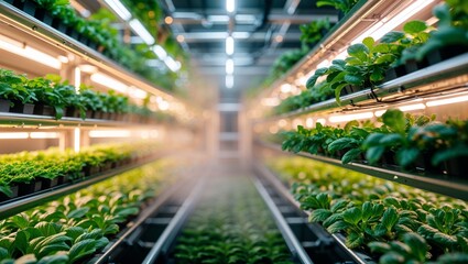 Inside view of an indoor farm with rows of cultivated plants under LED lights.