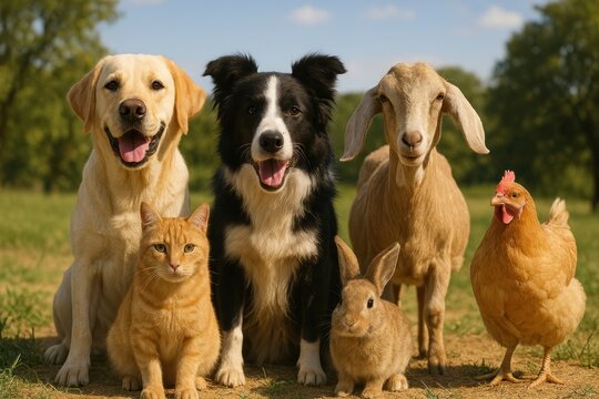 Diverse animals together outdoors.