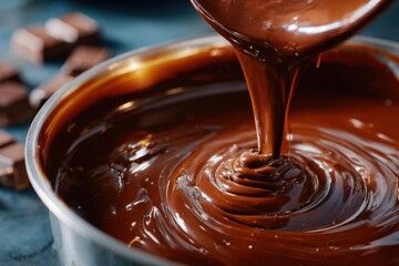Rich Melted Chocolate Flowing in Bowl for Dessert Creation