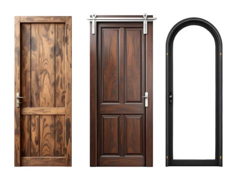 Three doors displayed against a black background showcasing different styles and materials used