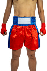 Male athlete wearing Red Muay Thai shorts, Red Thai boxing short isolate on white with clipping...