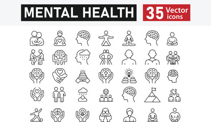 Set of 35 Minimalist Line Art Icons Representing Mental Health, Mindfulness, Emotional Support, Therapy, and Psychological Wellness – Vector Illustration