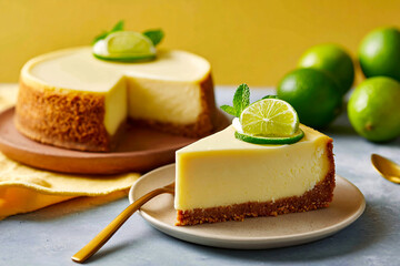 In soft daylight, key lime pie sits in an industrial corner on pastel yellow, clean photo style