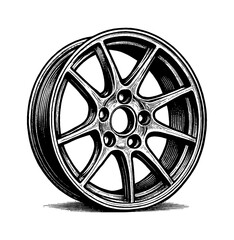 Detailed Engraving Style Illustration of a Car Wheel on a White Background