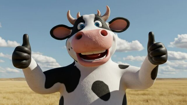 Cow Mascot Gives Thumbs Up: Cartoon cow with black and white pattern happily gesturing thumbs up in a field, under a clear blue sky