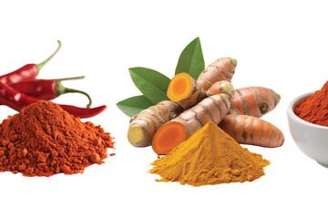 Turmeric chili powder and spices for cooking and healthy eating vibrant colors for food photography