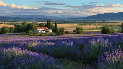 Fototapeta premium Serene Lavender Fields Under a Bright Blue Sky at Dusk