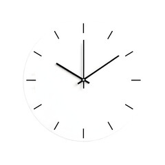 A minimalist white clock with black hands and markers showing the time at ten past ten