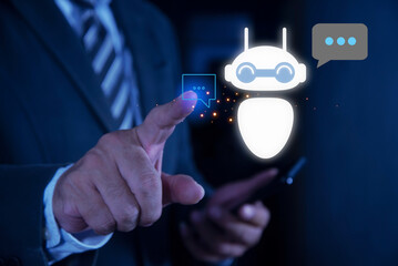 Person using intelligent digital chatbot chat assistant robots of customers access information online internet network. ai artificial intelligence technology chat concept