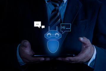 Person using a mobile smartphone with AI chatbot for online information and digital chatbot are assistant conversation for provide access to data growth of business in online network.