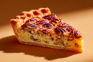 In golden hour light, minimalist pecan pie on cream background, clean food photography style