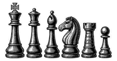 Engraved chess pieces, king, queen, bishop, knight, rook, pawn in a row. Game strategy © slowbuzzstudio