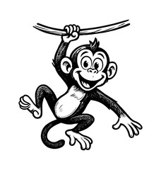 Cartoon Monkey Hanging on Vine with Happy Expression in Black and White Illustration
