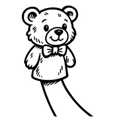 Cute Cartoon Teddy Bear Standing and Smiling Wearing Bow Tie in Black and White Line Art
