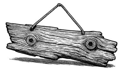 Detailed Engraving of a Hanging Wooden Sign with Rope in Black and White