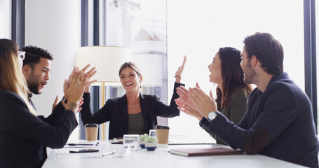 Clapping hands, celebration and business people in office with congratulations for job promotion....