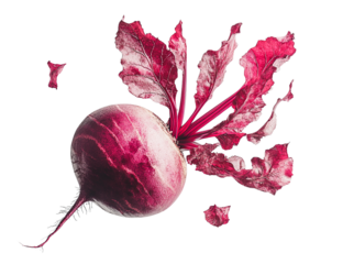 Vibrant beetroot with delicate leaves in air isolated on transparent PNG