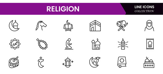 Sacred vector web line icons depicting religious symbols, faith, spirituality, worship, and diverse cultural beliefs with reverence.