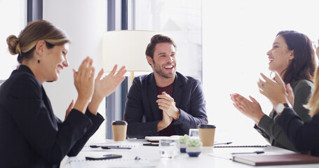 Business people, happy group and applause in office for success, reward or milestone. Team, celebrate promotion or clapping for target with bonus, excellence or congratulations for great work results