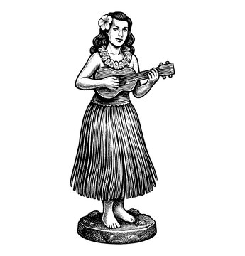 hula dancer playing ukulele black and white clip art preview