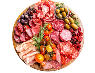 Delicious charcuterie board with assorted meats olives and tomatoes isolated on transparent PNG