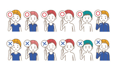 まるバツマークのプラカードを持つ、スクール水着の小学生　シンプルなイラストセッ