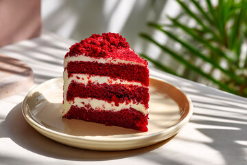 Red velvet cake tempts in a sunny corner, white backdrop, studio glow, clean photo style