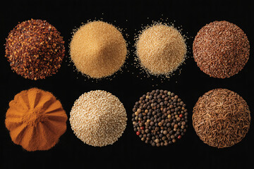 Assorted spices and seasonings culinary ingredients for cooking flavoring on black background food photography