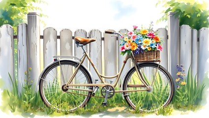 Watercolor Bicycle with Flowers &ndash; Romantic Vintage Scene