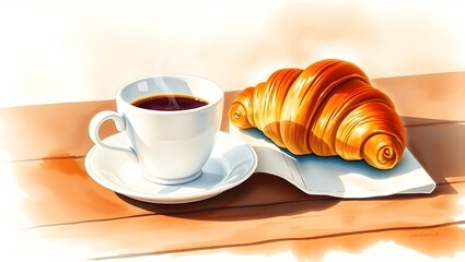 Watercolor Coffee and Croissant &ndash; Cozy Breakfast Art