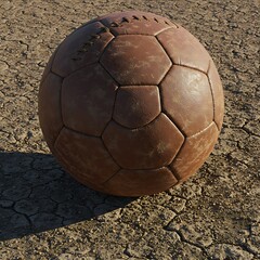 Weathered leather football (soccer ball) with detailed stitching, sitting on a patch of dry, cracked earth.