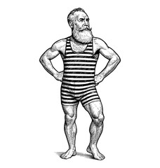Man with Beard in Striped Swimsuit Posing with Hands on Hips in Engraving Style